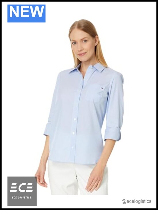 Tops - Striped Roll Tab Button Down Blouse Classic Fit Tuxedo Shirt